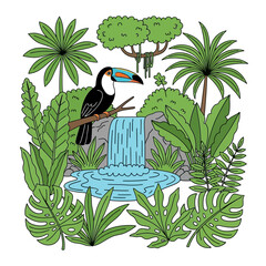 Fototapeta premium Colorful Toucan Perched on Branch Near Waterfall in Jungle.