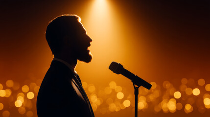 Cinematic close up of confident CEO speaking passionately on stage under dramatic spotlight, elegant suit, inspiring atmosphere, motivational energy, professional event
