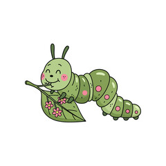 Happy Green Caterpillar Munching on a Leaf Illustration.