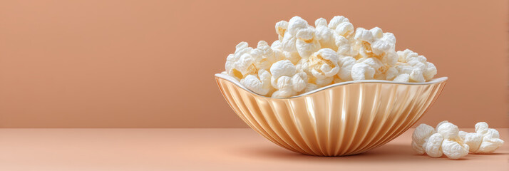 Creamy popcorn in decorative bowl on peach background, cozy snack mood
