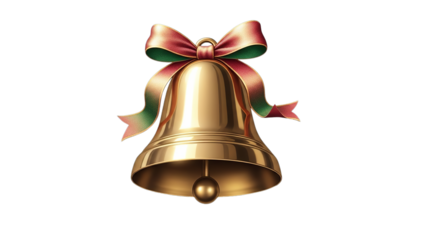 Gleaming golden brass bell adorned with a festive red and green satin ribbon bow for holiday celebration on transparent background