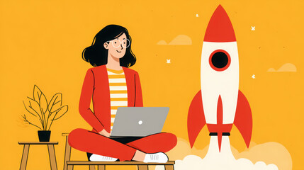 A young woman with glasses sits cross legged, using her laptop next to a rocket ship launching into the sky against a vibrant orange background design.