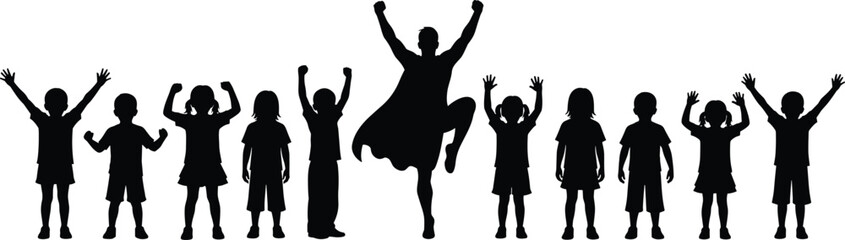 Silhouette of a group of diverse children cheering with hands raised, led by a boy in a superhero cape, illustrating teamwork, success, achievement, and childhood power fantasy.