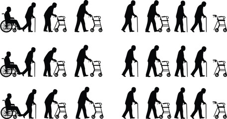 Repetitive vector silhouette series of elderly people in wheelchairs and using walkers, canes, and mobility aids, illustrating aging, disability, healthcare, and geriatric assistance.