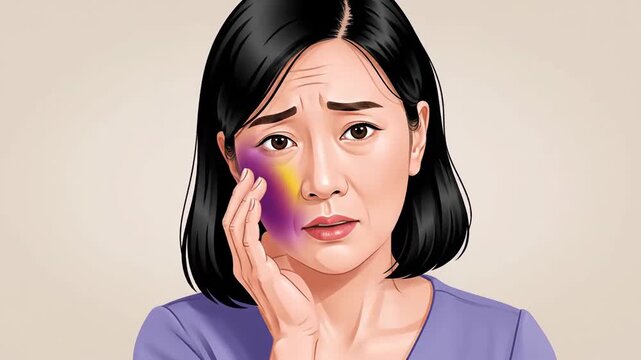 Woman Experiencing Facial Pain: Illustration of Bruising, Discomfort, and Emotional Distress
