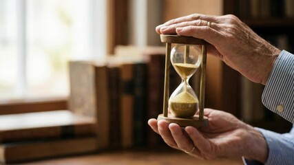 Symbolic hourglass held by hands represents transfer of time and sand reflecting economy wealth vintage silver tones precious moments - Powered by Adobe