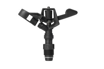 Black plastic impact sprinkler for garden irrigation on transparent background