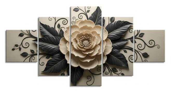Five panel wall art of layered ivory flower with dark leaves and ornamental swirling botanical design