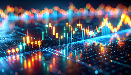 Illuminated Financial Data: A dynamic, colorful display of financial data, showcasing intricate lines, illuminating a network of digital information 