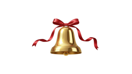 Shiny golden holiday bell tied with a vibrant red satin ribbon bow on a stark perfect for festive announcements on transparent background