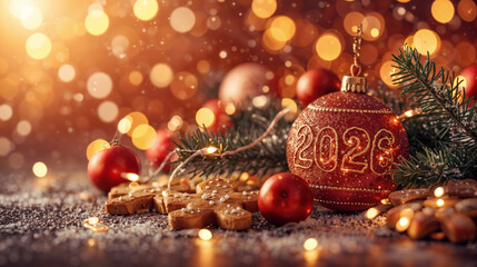 AI-Generated Luxury Red Christmas Ornament 2026 New Year Celebration – Elegant Gold Script Bauble with Gingerbread Cookies Pine Branches and Warm Fairy Lights Bokeh Background.