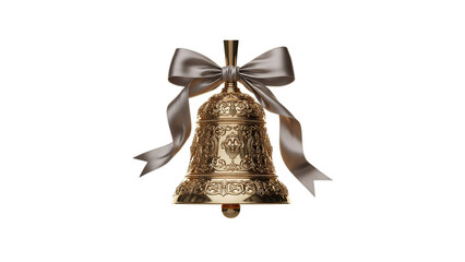 Ornate golden antique bell tied with a flowing silver satin ribbon against a stark symbolizing celebration and luxury on transparent background