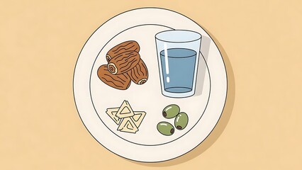 A Ramadan Iftar Illustration Featuring Dates Water Olives and Crackers on a White Plate for a Balanced Meal