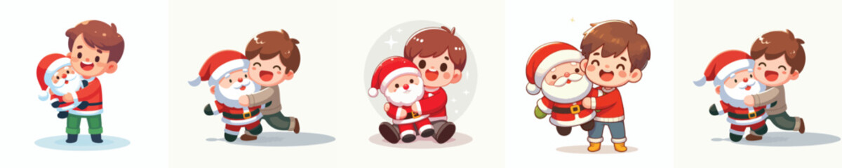Little boy playing with Santa Claus doll. Vector, minimalist, illustration, icon set.