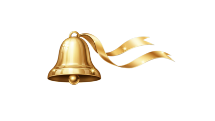 Shiny golden victory bell with flowing ribbon symbolizing achievement celebration and important announcement on transparent background