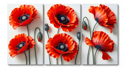 Bright red poppy triptych artwork showing detailed floral blooms on a clean minimal background