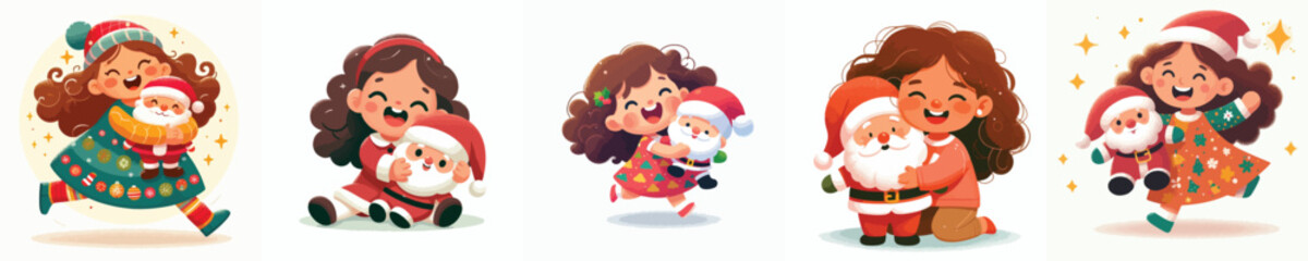 Little girl playing with Santa Claus doll. Vector, minimalist, illustration, icon set.