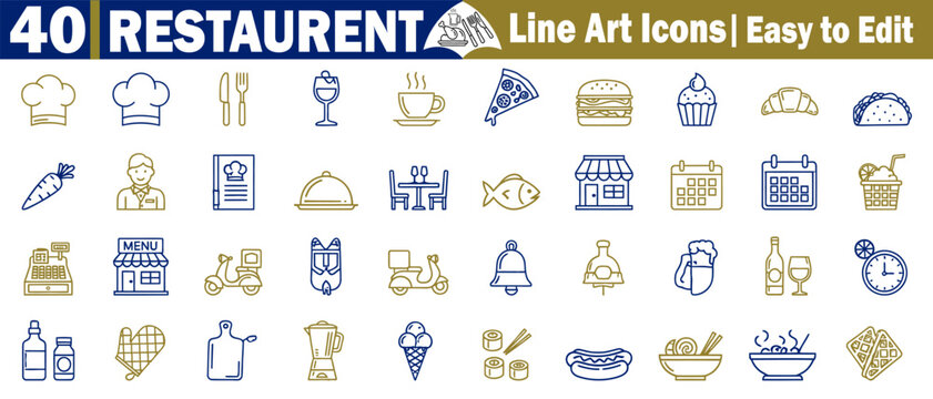 Restaurant outline icons are easy to edit for food, beverage menu, service, catering, dining, and meals vector illustration. 