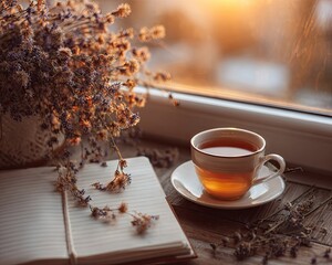 Warm Sunlight Bathes Windowsill With Tea, Flowers, And Notebook