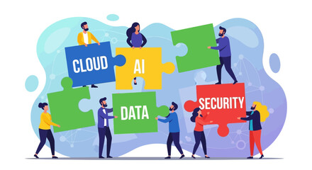 Teamwork assembling puzzle pieces representing cloud AI data and security concepts.