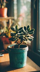 Rustic Succulent In Teal Pot By Window