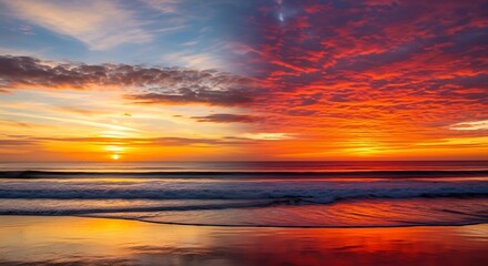 A dramatic sunset paints the ocean's horizon with vibrant colors, showcasing a beautiful contrast between fiery skies and tranquil water.