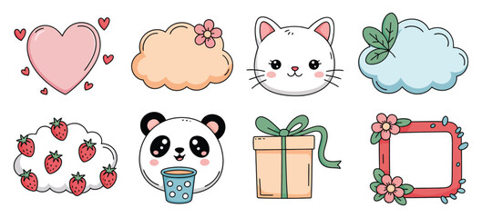 Kawaii Pastel Sticker Collection Featuring Heart, Clouds, Cat, Panda, Strawberries, Gift and Floral Frame in Charming Hand-Drawn Vector Style