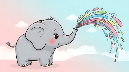 Adorable cartoon elephant spraying colorful water creating a fun and playful scene with a pastel background and whimsical clouds