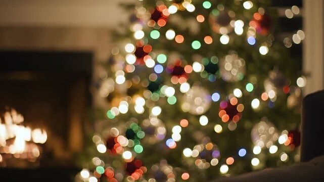 Decorated christmas tree with lights and ornaments beside fireplace