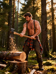 A muscular man is chopping wood with an axe in a beautiful forest. Sunlight filters through the trees, creating a warm atmosphere. He wears a plaid shirt tied around his waist and looks focused