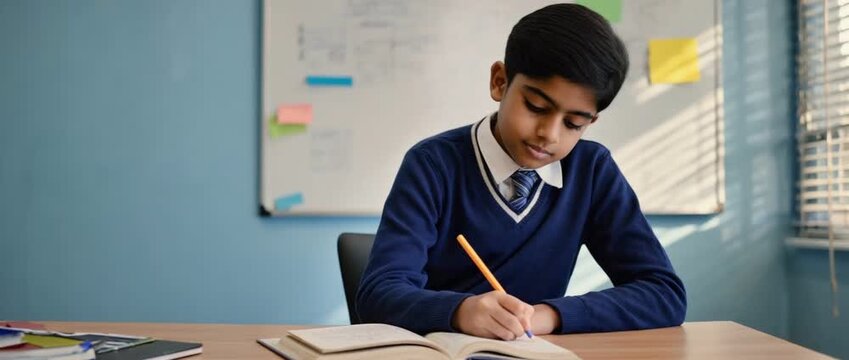 Focused Student in Study: A young student diligently writes in a notebook at his desk in a classroom setting, showcasing concentration and the pursuit of knowledge.
