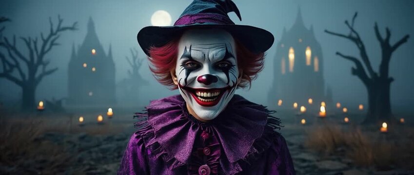 Horror Clown in Spooky Night: An eerie clown with sinister makeup and a haunting smile stands amidst a spooky night. It evokes feelings of dread and thrills, perfect for Halloween themes.