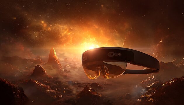 Smart glasses showcased at alien market under glowing orange nebula