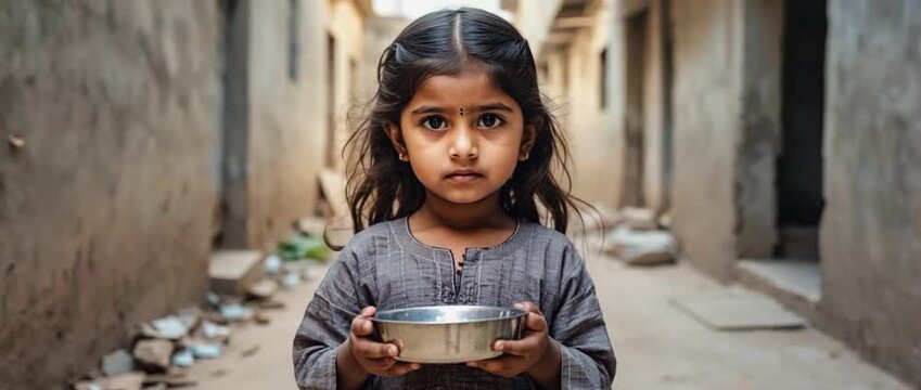 Child with Bowl: A poignant image of a child holding an empty bowl, embodying themes of poverty, hunger, and vulnerability within a deprived alleyway setting.