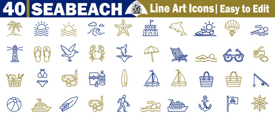 Fototapeta premium Set of 40 seabeach line art icons easy to edit in summer holiday vector illustration.