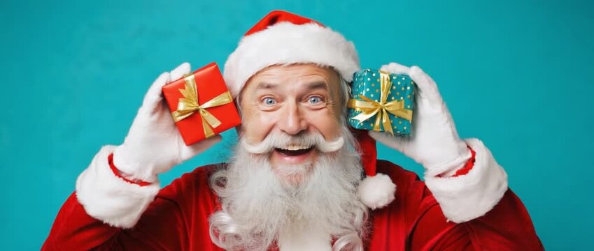 Santa's Gift of Giving: A jolly figure embodying the spirit of gift-giving, his eyes twinkling with merriment. He cradles vibrant gifts, ready to spread joy and goodwill to all.