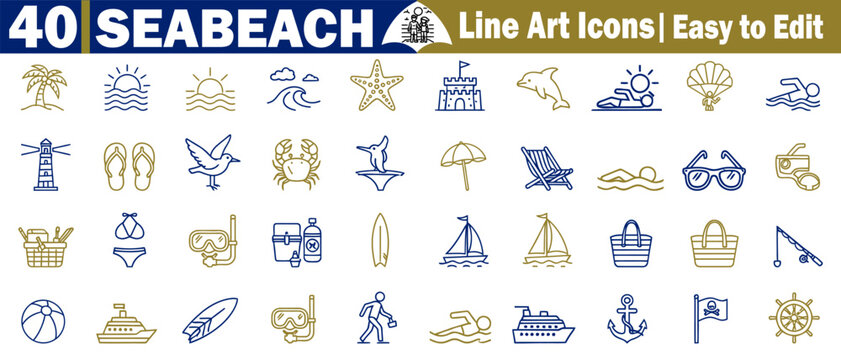 Set of 40 seabeach line art icons easy to edit in summer holiday vector illustration.