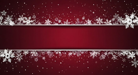 Red christmas background with falling snow and horizontal silver banner frame for text