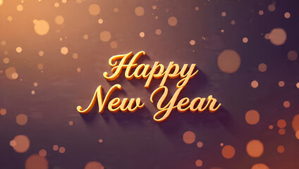 Happy New Year script text on dark background with golden bokeh lights and sparkles. Magical holiday celebration backdrop with warm glow.