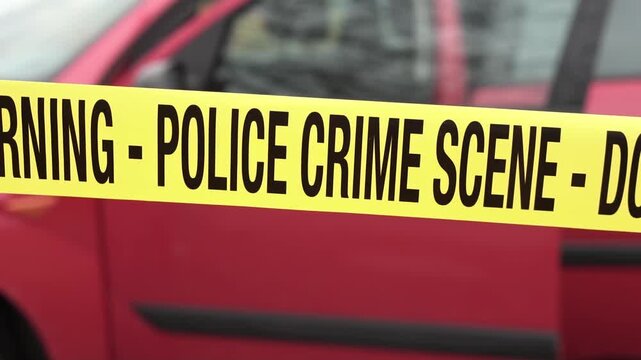 Police Crime Scene Tape RIbbon in Front of Red Car WIth Open Doors, Close Up