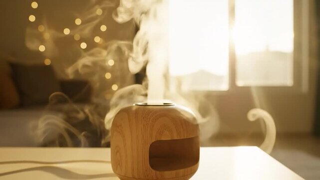 Wooden aroma diffuser emitting gentle mist in warm sunlight creating a soothing atmosphere for home wellness and relaxation