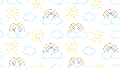 Crayon doodle clouds, sun and rainbow in sky. Hand drawn seamless pattern with cute rainbow, clouds and sun with chalk texture. Summer sky background, vector illustration