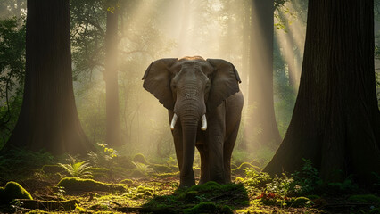 Fototapeta premium An elephant stands calmly in a misty forest as sunlight streams through the trees, creating a dramatic and peaceful natural atmosphere.