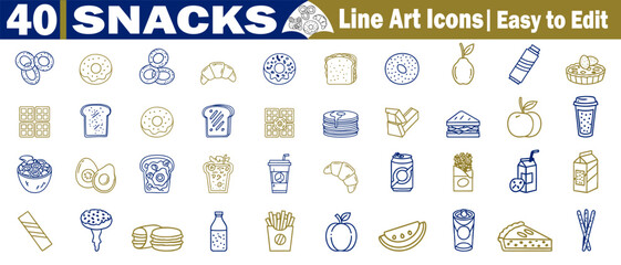 Set of forty different snacks vector line art icons, easy to edit for snack lovers and designers vector elements. 