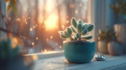 Succulent Plant By Window At Sunrise