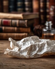 Crumpled Paper On Wooden Table With Vintage Books