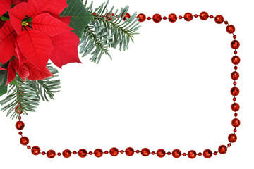 Green branches of nobilis fir with red poinsettia flower in a corner Christmas arrangement with beads frame isolated on white or transparent background.