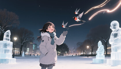 Young girl smiling while feeding birds near ice sculptures at night  