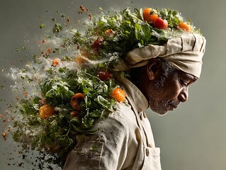 Artistic chef portrait with vegetables exploding around head creating a unique and flavorful concept, perfect for culinary marketing or restaurant promotions
