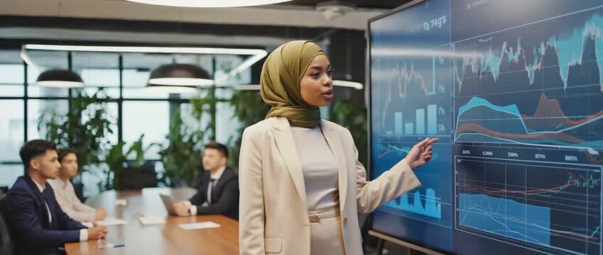 Visionary Insights: A poised business professional leads a presentation, her expertise apparent as she articulates data analysis with the support of modern presentation tools. 